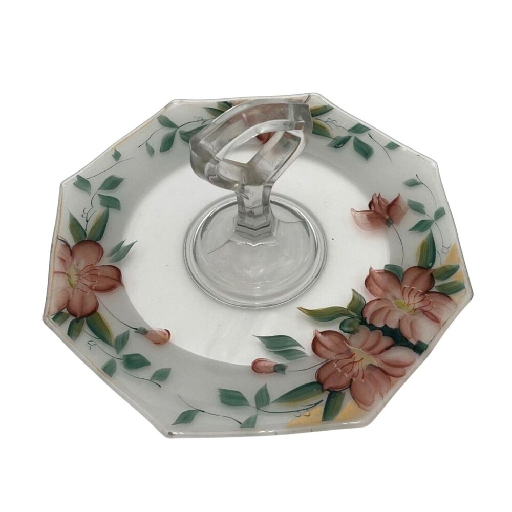 Vintage Hand-Painted Octagonal Tidbit / Sandwich Tray — Floral Handle Server
